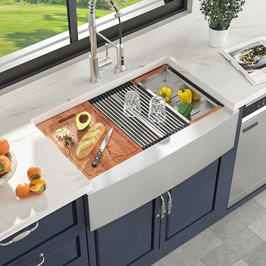 33 Farmhouse Sink Double Bowl - Lordear 33x22 Stainless Steel Kitchen Sinks Apron Front Double Basin 60/40 Low Divide Workstation Farm Sinks with Buit in Accessories, 9" Apron Height