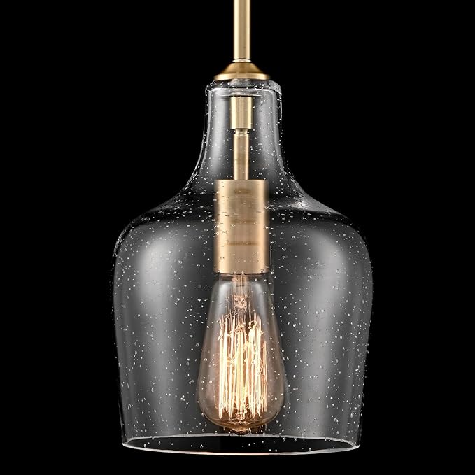 Modern Seeded Glass Kitchen Pendant Lighting Rod-Hung Brass Glod Pendant Lighting for Kitchen Island with Teardrop Shape Hand-Blown Glass