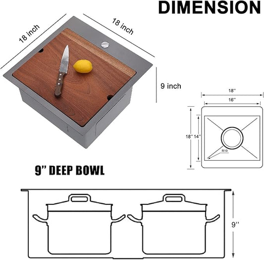 18x18" Gunmetal Black Drop In Bar Sink, Stainless Steel Workstation Topmount 9 Inch Deep Single Bowl Kitchen Prep RV Sink with Cutting Board