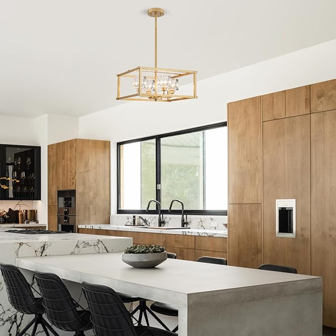 Modern Gold 4-Light Farmhouse Chandelier 15.7" Square Pendant Lighting Fixture Adjustable Height Ceiling Light for Kitchen Living Room Dining Room Hallway Bedroom Foyer