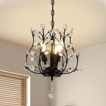 Small Black Crystal Chandelier, Farmhouse 3-Light Branch Crystal Pendant Light with 47.2'' Adjustable Chain, Vintage 13.8'' Ceiling Hanging Light Fixture for Dining Room, Kitchen, Entryway