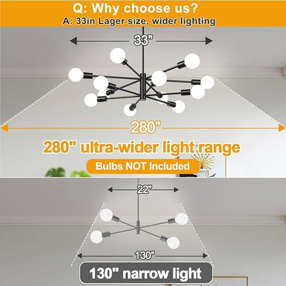 33" Modern Chandelier Ceiling Light Fixture, 12-Light Sputnik Chandeliers Matte Black Mid Century Chandelier Over Table, Height Adjustable Chandeliers for Dining Room Living Room (Bulbs Not Included)