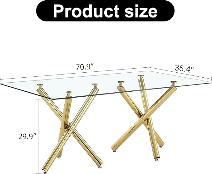 71” Rectangle Dining Table, Large Modern Dining Table for 6–8 People with 0.4" Thickened Tempered Glass Top, Glass Kitchen Table with Gold Metal Legs for Dining Room