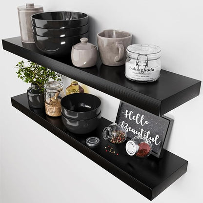 BAOBAB WORKSHOP Solid Wood Floating Shelves for Wall 30 Inches Long, Real Wooden Bathroom Shelf Large, Heavy Duty Wall Shelves Mounted Kitchen Bedroom, Black Shelf, 30W × 6.7D, Set of 2