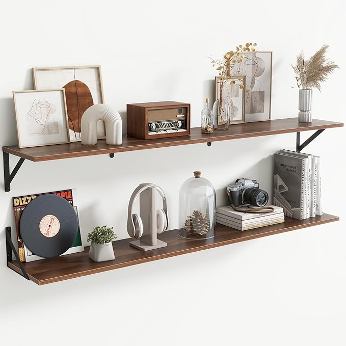 Acovy 55" Long Wall Mounted Floating Shelves,8 inch Deep Floating Shelf with Metal Brackets Set of 2,Easy-to-Install Wall Decor Storage Ledges for Living Room,Bathroom,Bedroom,Kitchen,Office,Walnut