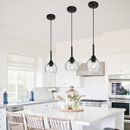 3 Pack Dining Room Light Fixtures Hanging with Clear Striped Swirl Globe Glass, Stylish Kitchen Island Hanging Pendant Light Black for Bar Hallway Bedroom, 1-Light