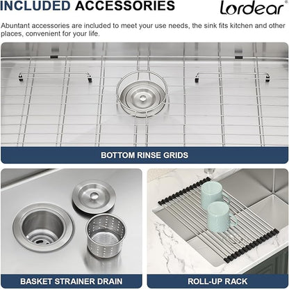 Lordear 28 Kitchen Sink Undermount 16 Gauge Stainless Steel Single Bowl Under Counter Handmade Kitchen Sink Basin, 28"x18"x10"