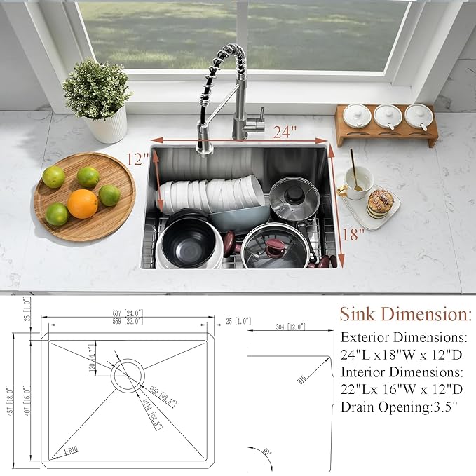 Undermount Laundry Sink with Faucet Combo-Bokaiya 24"x18"x12" Stainless Steel Undermount Laundry Room Sink 16 Gauge Utility Single Bowl Deep Kitchen Sink