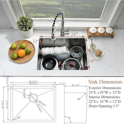 Undermount Laundry Sink with Faucet Combo-Bokaiya 24"x18"x12" Stainless Steel Undermount Laundry Room Sink 16 Gauge Utility Single Bowl Deep Kitchen Sink