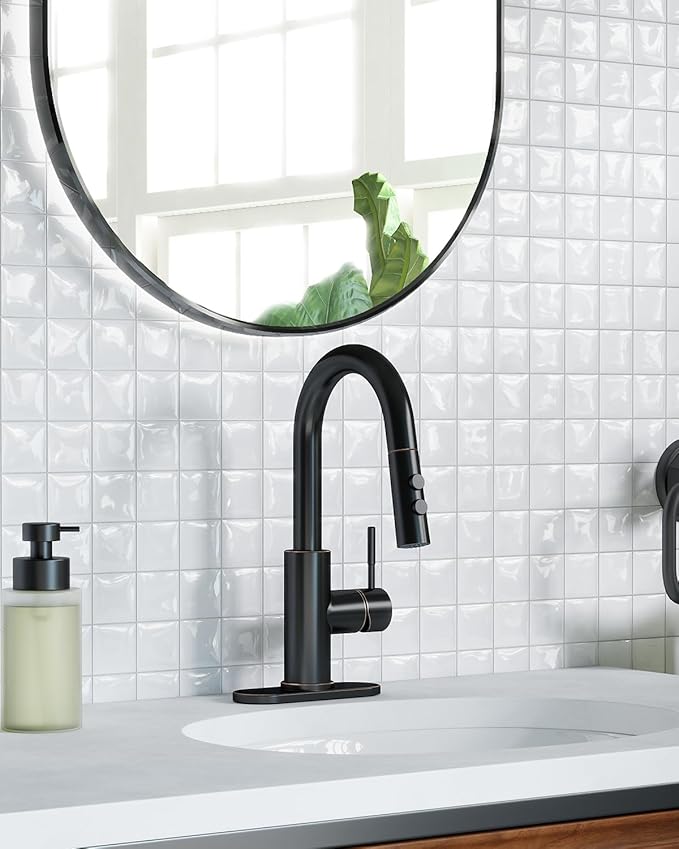 Fransiton Bathroom Faucets with Pull Down Sprayer, Bar Sink Faucet Single Hole for Kitchen Campers with Pop-Up Drain Hose, Suitable for Farmhouse Vanity Lavatory