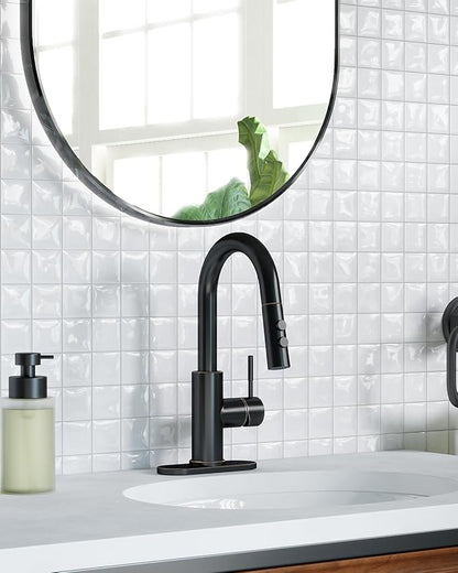 Fransiton Bathroom Faucets with Pull Down Sprayer, Bar Sink Faucet Single Hole for Kitchen Campers with Pop-Up Drain Hose, Suitable for Farmhouse Vanity Lavatory