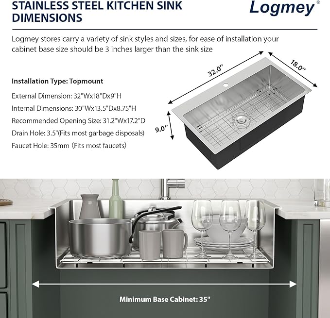 32 Inch Drop In Kitchen Sink Logmey 32x18x9 Inch Topmount Sinks 16-Gauge Stainless Steel Single Bowl Kitchen Sink