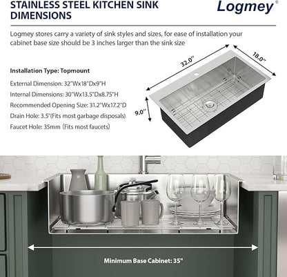 32 Inch Drop In Kitchen Sink Logmey 32x18x9 Inch Topmount Sinks 16-Gauge Stainless Steel Single Bowl Kitchen Sink