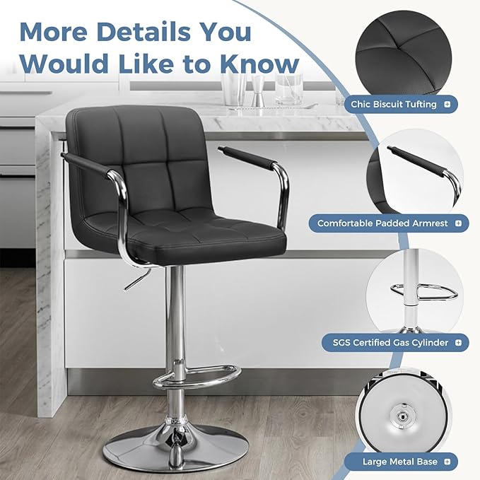 DUMOS Bar Stools Set of 4, Adjustable Swivel Bar Chairs with Padded Armrests and Ergonomic Backrest for Kitchen Island Counter Pub Dining Room, Water-Resistant PU Leather, Black