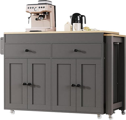 Ball & Cast 75" Kitchen Island with Extendable Dining Table,Rolling Dining Islands Cart On Wheels W/Spice Rack & 2 Drawers,Mobile Storage Kitchen Cart W/ 4 Door Cabinet,for Kitchen,Dining Room,Grey