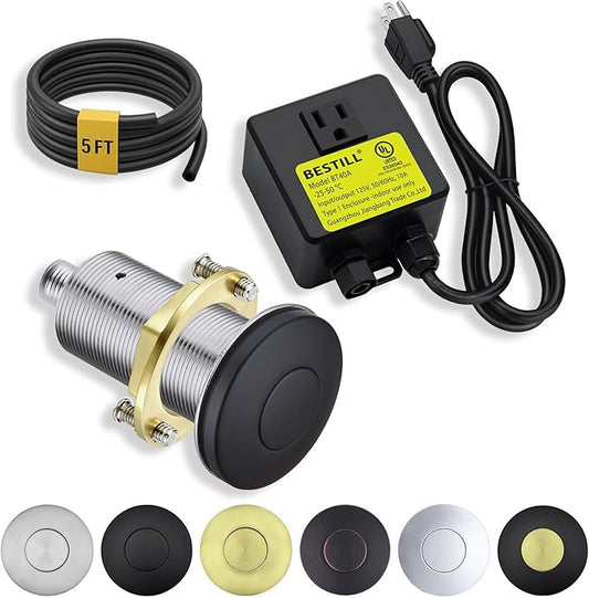 BESTILL Garbage Disposal Air Switch Kit - All Metal, UL Listed Long Push Button for Waste Disposer, Single Outlet Sink Top Solid Brass Air On/Off Button, Matte Black