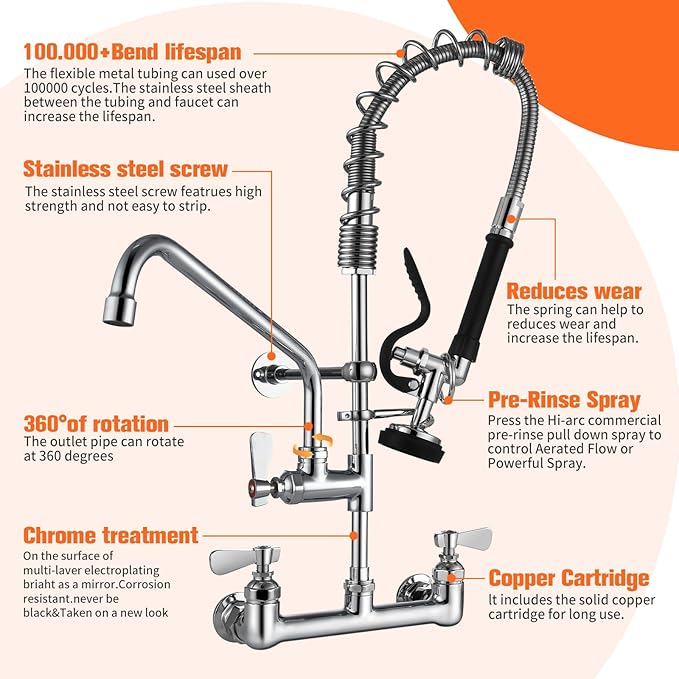 25" Height Commercial Faucet Wall Mount with Sprayer 8" Adjustable Center 12" Swing Spout, Wall Mount Kitchen Sink Faucet with Pull Down Pre-Rinse Sprayer for 1/2 Compartment Sink