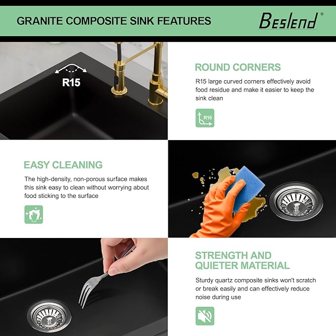 33 Granite Composite Kitchen Sink - Beslend 33x22 Inch Drop In Granite Kitchen Sink Topmount Black Quartz Sinks Classic Above Counter Single Bowl Basin