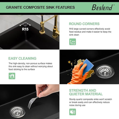 33 Granite Composite Kitchen Sink - Beslend 33x22 Inch Drop In Granite Kitchen Sink Topmount Black Quartz Sinks Classic Above Counter Single Bowl Basin