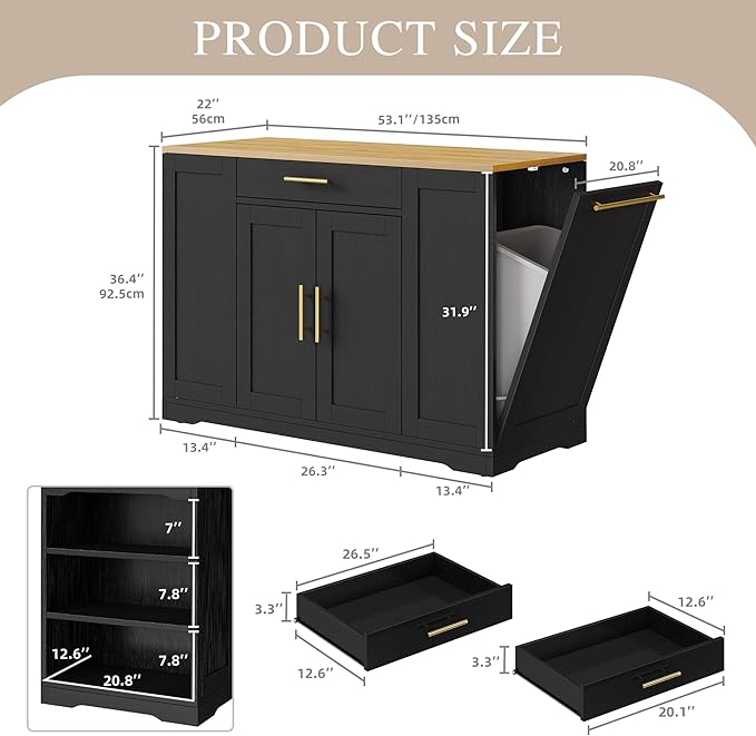 DWVO Large Kitchen Island with Trash Can Cabinet, 53 Inch Kitchen Island on Wheels, Rolling Island with Tilt-Out Garbage Storage Fits 13 Gallon Bin, Spice Rack and Drawer, for Dining Room, Black