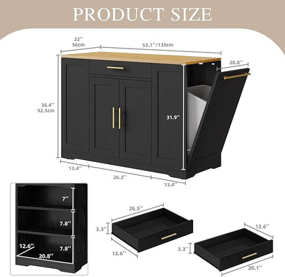 DWVO Large Kitchen Island with Trash Can Cabinet, 53 Inch Kitchen Island on Wheels, Rolling Island with Tilt-Out Garbage Storage Fits 13 Gallon Bin, Spice Rack and Drawer, for Dining Room, Black