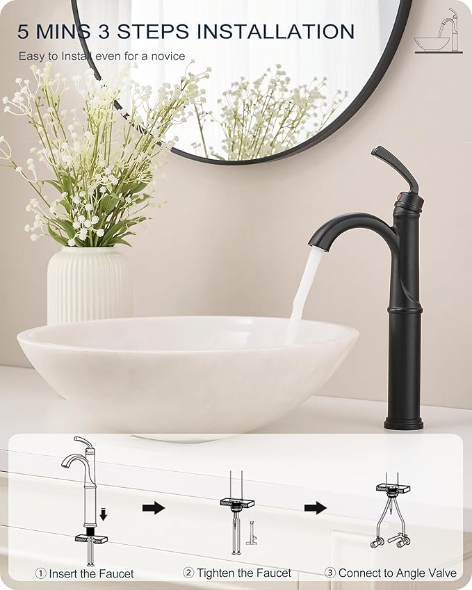 Tall Bathroom Faucet Single Hole, Brass Vessel Sink Faucet Black with 1 Handle, Arched Aerator Spout, Pop Up Drain & Pre-Installed cUPC Water Hoses for Modern Style Bowl Sink, 5 Mins Install