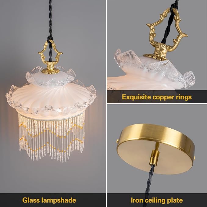 Brass Vintage Glass Pendant Light Cream Style Glass Tassel Chandelier,Adjustable Height Pendant Lights for Dining Room Kitchen Island Bedroom Hallway