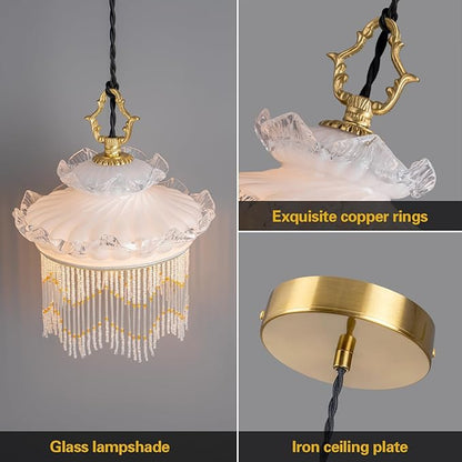 Brass Vintage Glass Pendant Light Cream Style Glass Tassel Chandelier,Adjustable Height Pendant Lights for Dining Room Kitchen Island Bedroom Hallway