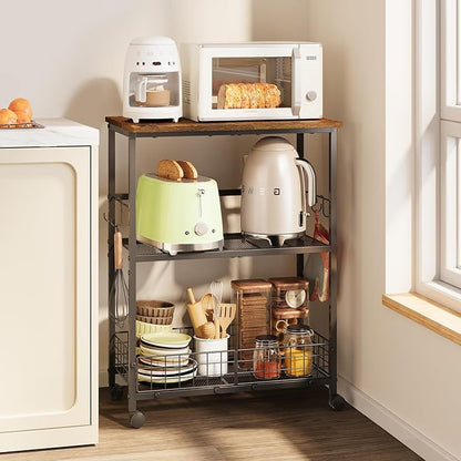 Rolling Kitchen Microwave stand, 3-Tier Microwave Cart Table with Wood Top and Wire Basket, Coffee Bar Table on Lockable Wheels, Small Baker’s Rack Shelf Organizer for Kitchen, Dining Room, Office