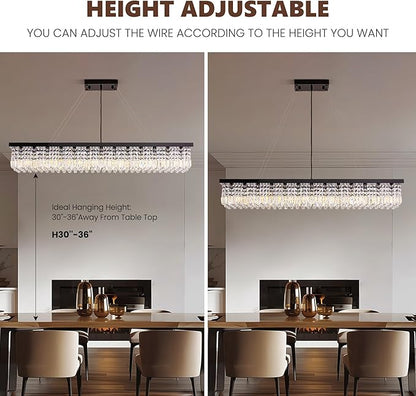 59-inch Modern Crystal Chandelier,13-Light K9 Crystal Rectangle Chandelier for Dining Room,Kitchen Island Adjustable Hanging Pendant Light Fixture,Black Finish