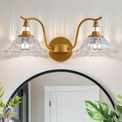 Vintage Bathroom Vanity Light Fixtures - 2 Light Iridescent Flower Glass Antique Brass Bathroom Lights Fixture Over Mirror,Retro Brushed Gold Bronze Wall-Mounted Vanity Lighting for Powder Room