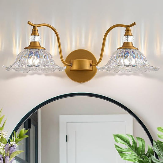 Vintage Bathroom Vanity Light Fixtures - 2 Light Iridescent Flower Glass Antique Brass Bathroom Lights Fixture Over Mirror,Retro Brushed Gold Bronze Wall-Mounted Vanity Lighting for Powder Room