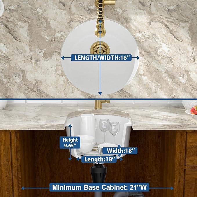 Mocoloo 18 Inch Round Bar Sink Undermount - White Granite Composite Quartz Prep Sinks Small Kitchen Sink for Island or RV