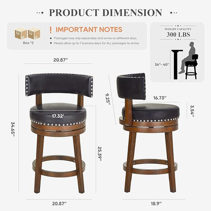 COLAMY Swivel Bar Stools Set of 2, Swivel Counter Height Barstools, 25 Inch Upholstered Barstools for Kitchen Island Dining Room Bar, Dark Brown