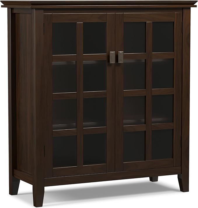 SIMPLIHOME Artisan Storage Cabinet - 38 inch Wide Solid Wood Medium Cabinet in Tobacco Brown, Transitional Accent Cabinet for Living Room or Dining Room with Glass Doors and Adjustable Shelves