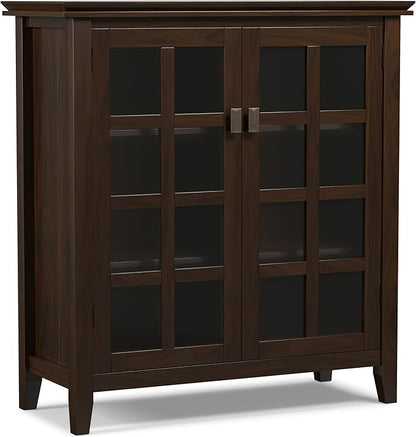SIMPLIHOME Artisan Storage Cabinet - 38 inch Wide Solid Wood Medium Cabinet in Tobacco Brown, Transitional Accent Cabinet for Living Room or Dining Room with Glass Doors and Adjustable Shelves