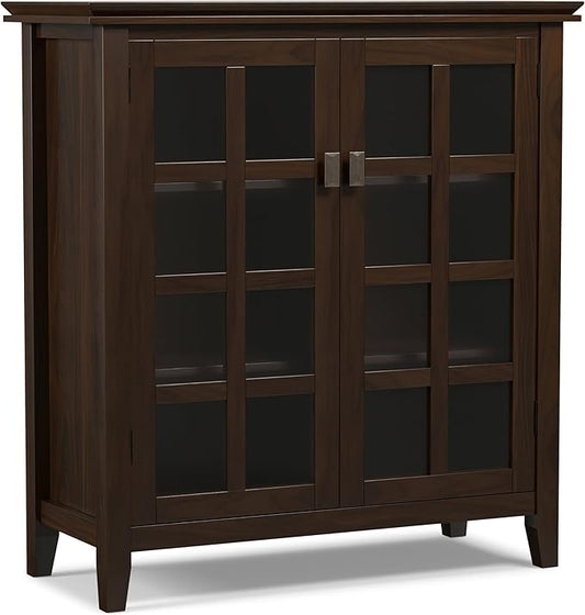 SIMPLIHOME Artisan Storage Cabinet - 38 inch Wide Solid Wood Medium Cabinet in Tobacco Brown, Transitional Accent Cabinet for Living Room or Dining Room with Glass Doors and Adjustable Shelves