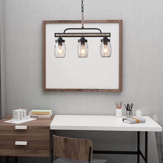 LOG BARN Farmhouse Chandeliers for Dining Room, 3-Light Rustic Mason Jar Chandelier Light Fixture, 22" L Faux Wood Kitchen Island Pendant Lighting
