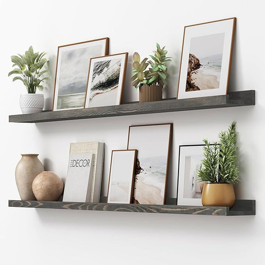 FLYJOE Picture Ledge Shelf, Floating Shelves Set of 2, Solid Pine Wood 55'' Long Large Nursery Book Shelves for Toys Storage, Kids Bookshelf for Living Room Bedroom Decor Books Photo Frames, Grey