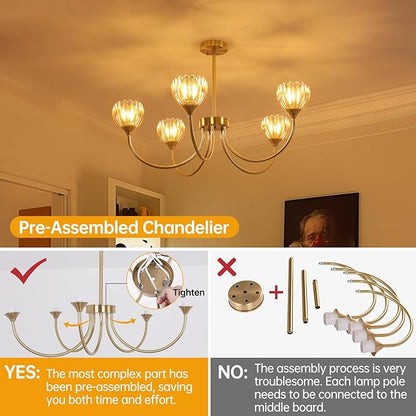 Shenmoyl 30.31" Brass Gold Chandelier, 5-Light Chandelier Light with Amber Tulip Glass Lampshade, Height Adjustable Vintage Chandeliers for Dining Room Living Room Kitchen Island