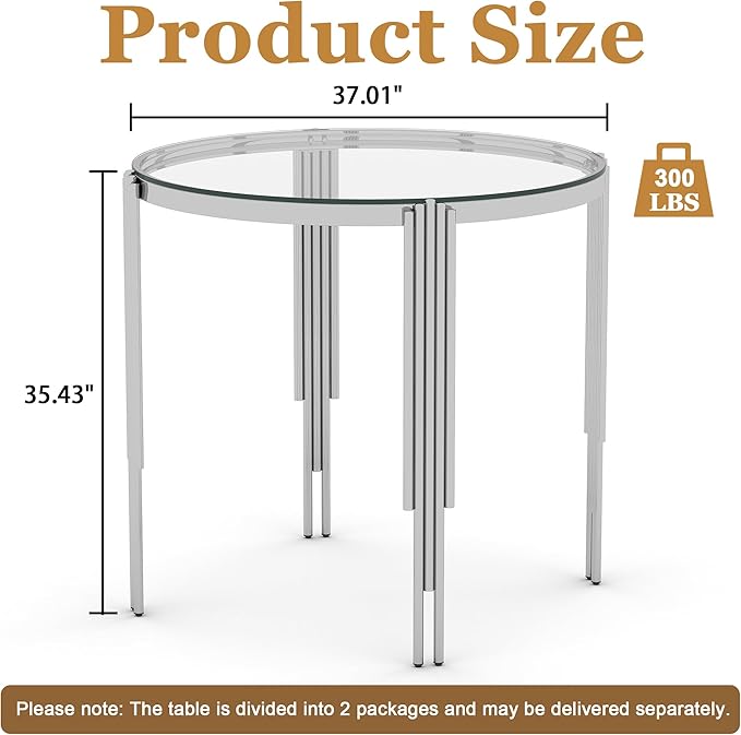 37" Round Bar Table, Modern High Pub Table with Clear Tempered Glass Top and Polished Silver Stainless Steel Legs, Counter Height Table for Kitchens, Apartments, and Small Spaces
