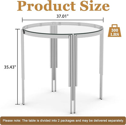 37" Round Bar Table, Modern High Pub Table with Clear Tempered Glass Top and Polished Silver Stainless Steel Legs, Counter Height Table for Kitchens, Apartments, and Small Spaces