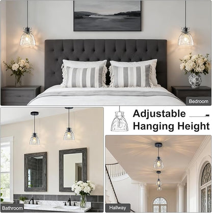 Hammered Glass Black Pendant Lights Kitchen Island 2 Pack, 5.9” Small Farmhouse Pendant Light Fixtures, Adjustable Modern Hanging Lighting Kitchen Pendant Lights over Island Sink Bathroom Dining Room