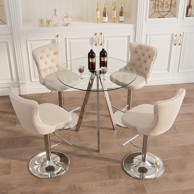 yeag 31.5'' Modern Luxury Glass Bar Table Set for 4, Round Pub Table Cocktail Table and 4 Adjustable Velvet Swivel Barstools Island Chairs for Bistro (Silver Metal Legs, Clear Top + Beige Chair)