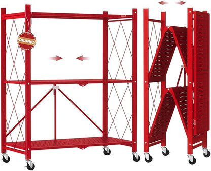 DEANIC 3 Tier Foldable Storage Shelves with Wheels, Kitchen Appliance Stand, Freestanding Metal Wire Shelf Rack, No Assembly Organizer Rolling Cart for Garage, Basement, Pantry(Red)