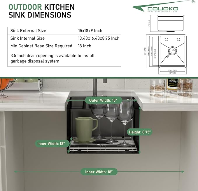 15x18 Inch Outdoor Sink Black Undermount RV Sink Workstation NANO PVD 16 Gauge Stainless Steel Single Bowl Handmade Outdoor Kitchen Sinks With Folding Faucet 15"x18"x9"