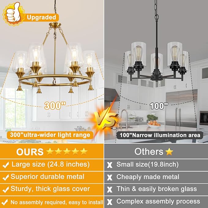 Modern Chandelier for Dining Room (25inch, 6-Light), Brushed Gold Dining Room Light Fixture Over Table with Clear Glass Shade, Industrial Hanging Pendant Lights Fixture for Kitchen Island Entryway