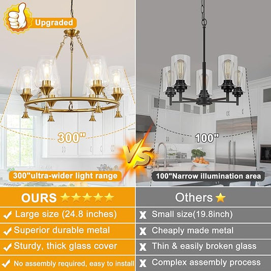 Modern Chandelier for Dining Room (25inch, 6-Light), Brushed Gold Dining Room Light Fixture Over Table with Clear Glass Shade, Industrial Hanging Pendant Lights Fixture for Kitchen Island Entryway