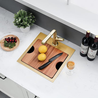 15x15 Inch Gold Drop In Bar Sink Workstation - 16 Gauge Stainless Steel Single Bowl, Small Kitchen Sink for RV, Wet Bar, Outdoor Kitchen & Prep Workstation