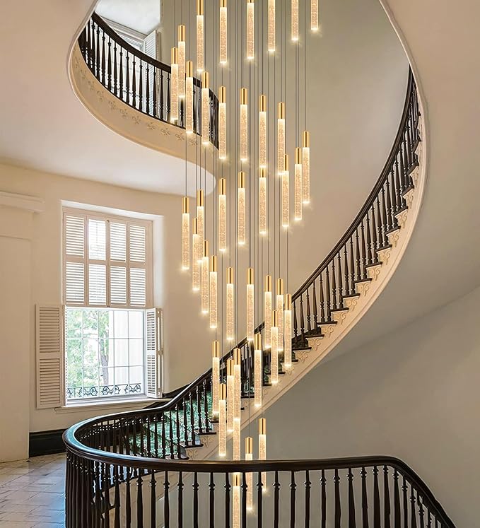 HAIXIANG 20 Foot 48-Light Gold High LED Dimmable Chandeliers Ceiling Pendant Light Fixtures Remote Control Light Fixtures Crystal Raindrop Fixtures Living Room Staircase Entrances